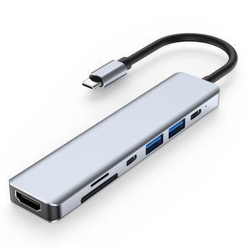 USB-C 7-i-1 Hub – HDMI / USB-A / USB-C PD / SD / Micro SD – Grå